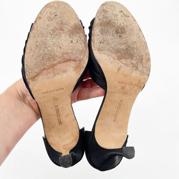 Manolo Blahnik y2k Black Satin Sedaraby Crystal D’Orsay Peep Toe Heels IT 39 - Picture 10 of 11